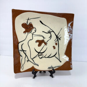 Vintage Studio Art Clay Pottery Plate Nude Lady Bullfighter Bull Signed 9.75"